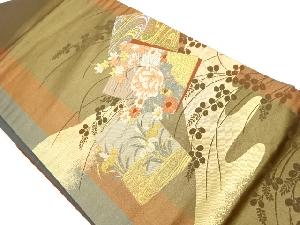 色紙に秋草・流水模様織出し名古屋帯